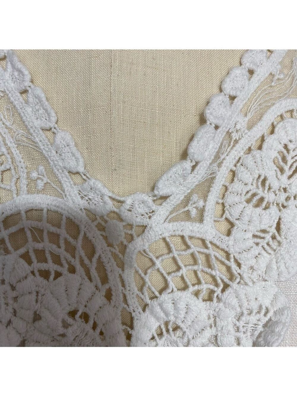 Christine Alexander Linen Boho Crochet Ruffle Bib Blouse Cream Women’s Top med - Picture 5 of 11
